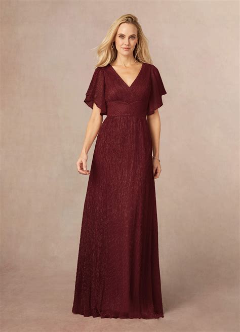 Azazie Kathryn Ruby A-Line V-Neck Flutter Sleeve Metallic Mesh Dress ...