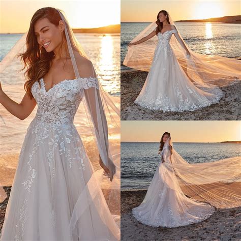Eddy K Off The Shoulder Wedding Dress Lace Appliqué A Line Bridal Gown With Sweep Train For ...