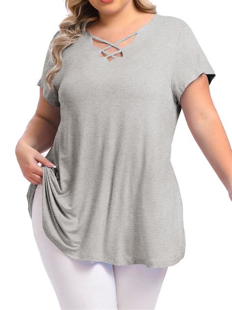 Womens Plus Size Tops Criss Cross V Neck Short Sleeve Summer Casual ...