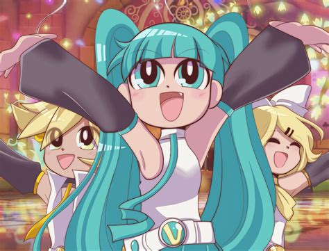 some of my old screenshot edits of miku rin and len as powerpuff girls ...