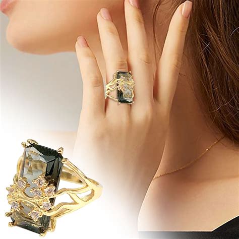 Dark Blue Diamond Cool Ring, Square Cubic Zirconia Gold Simulated ...