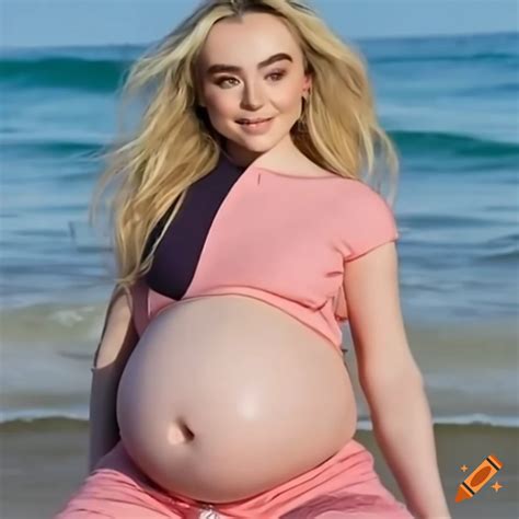 Sabrina Carpenter with an oversized giant pregnancy belly at the shore ...