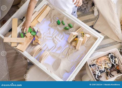 Cute Male Kid Playing with Sensory Box Kinetic Sand Table Montessori ...