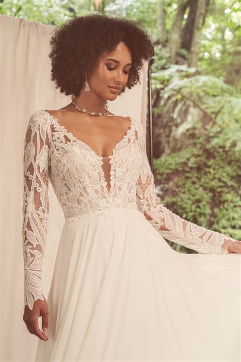 66283: Long Sleeve Chiffon A-line Dress with Plunging V-Neckline ...