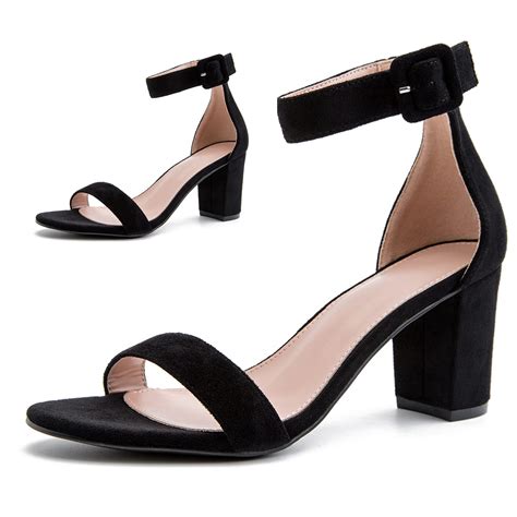 Vaaerduo Block Heels For Women Chunky 3 Inch Mid Open Toe Ankle Strap Strappy Thick Black Nude ...