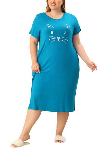 Agnes Orinda Women's Plus Size Nightgowns Round Neck Short Sleeve Cats ...