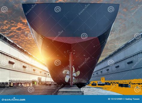 Stern Ship with Propeller Rudder in Floating Dock. Stock Image - Image ...