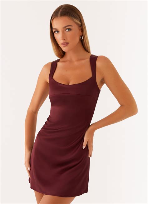 Odette Satin Mini Dress - Burgundy – Peppermayo