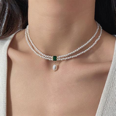 Emerald Green Pearl Double Layer Necklace | Handmade Vintage Style Eme | Pearl necklace designs ...