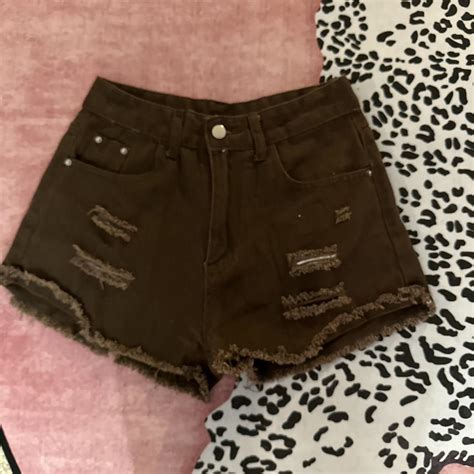ripped jean shorts dark brown size small perfect... - Depop