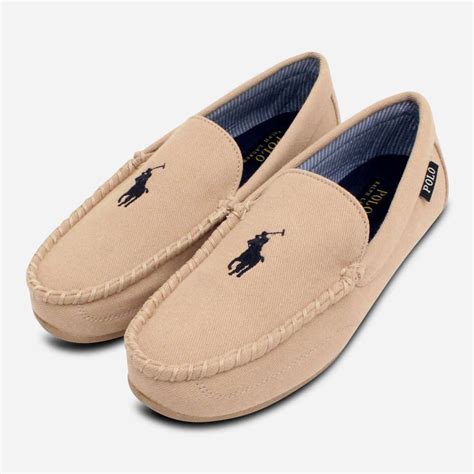 Ralph Lauren Designer Mens Beige Slippers Navy Polo