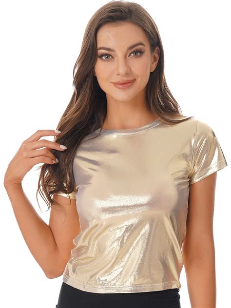 CHICTRY Womens Metallic T-shirt Sparkling Short Sleeve Tees Rave ...