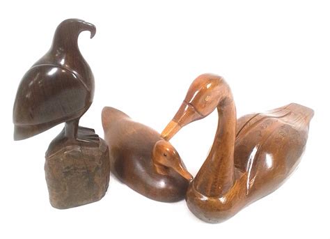 Lot - (3) Hand Carved Wooden Birds