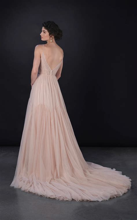Blush Pink A-Line Wedding Dress with V-Neckline and Tulle Layers