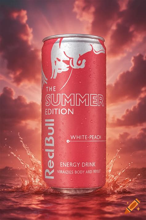 Red Bull white peach summer edition can splashing in water against a ...