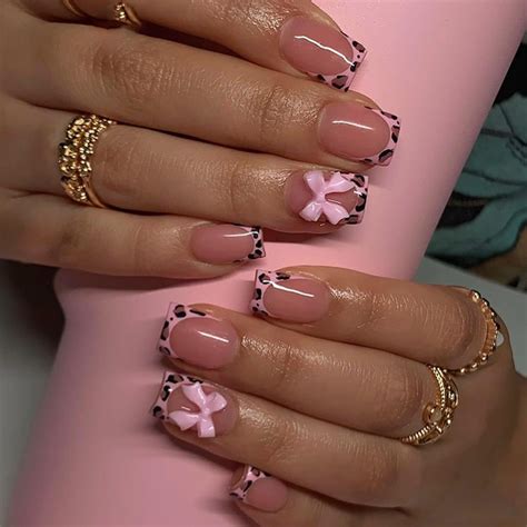 Short Press Leopard French Tip False Nails with Pink Glossy Bow Design ...
