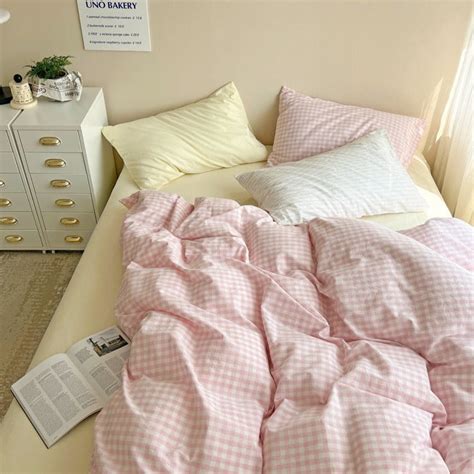 Mixed Gingham Bedding Set / Pink + Yellow | Plaid bedding sets, Cotton ...