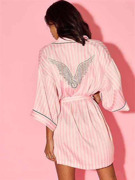 Pink Iconic Stripe Fashion Show Satin Short Piped Robe | Victoria's ...