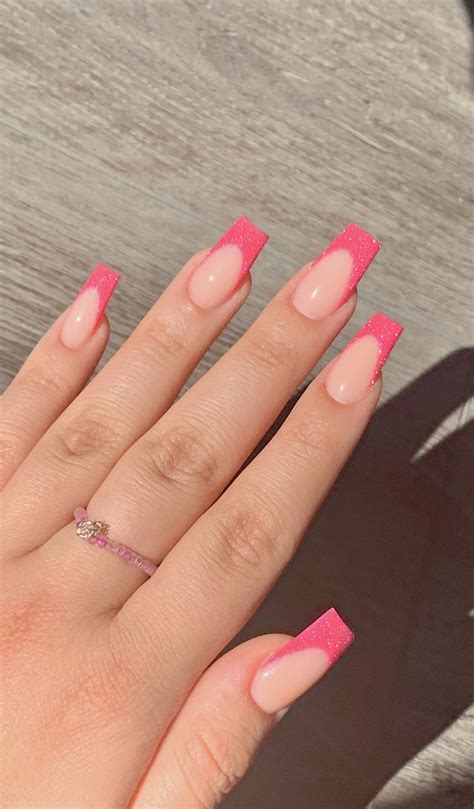 pink shimmer french tips | Pink tip nails, Acrylic nails coffin short ...