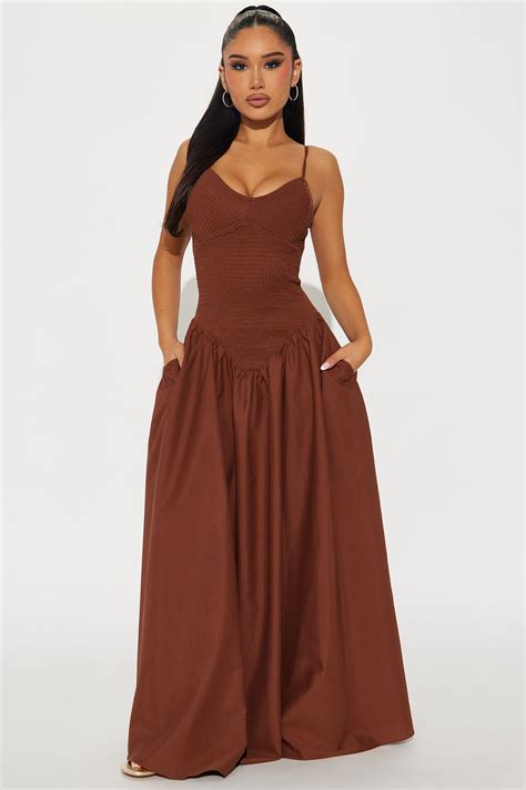 Lily Smocked Drop Waist Maxi Dress - Brown | Fashion Nova