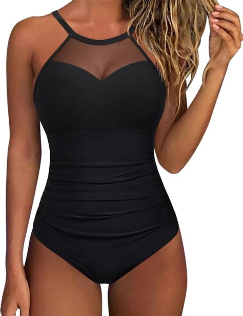 SUUKSESS Women Slimming Tummy Control One Piece Swimsuits Sexy Mesh ...
