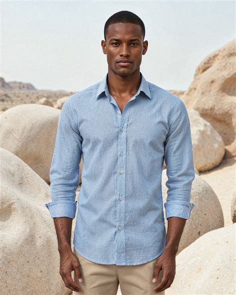 Sky Blue Linen Shirt with Beige Bermuda Shorts | Hockerty