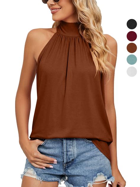 Gustave Womens Sleeveless Tie Halter Tops Summer High Neck Tank Tops ...