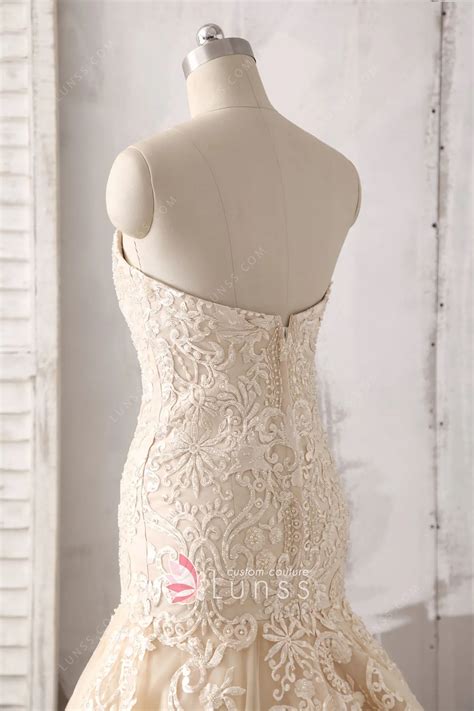 Luxury Pearled Champagne Lace Trumpet Wedding Dress - Lunss