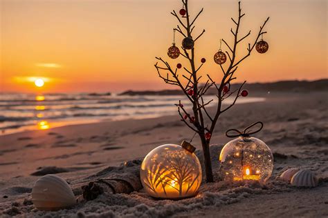 Download Christmas Decorations On Beach During Sunset Scene Wallpaper ...