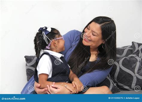 Divorced Single Latin Mom and Brunette 4-year-old Daughter in Uniform and Eyeglasses Talk and ...