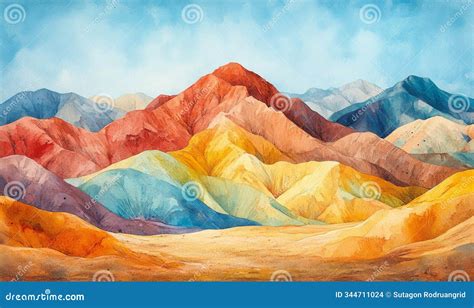 Watercolor Amazing Scenery Of Rainbow Mountain And Blue Sky Background ...