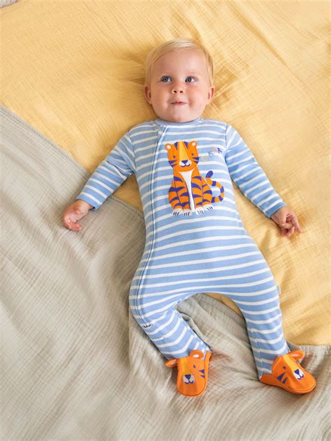 Blue Tiger Appliqué Zip Cotton Baby Sleepsuit | JoJo Maman Bébé