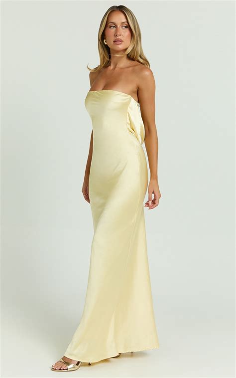 Charlita Maxi Dress - Strapless Cowl Back Satin Dress in Butter Yellow ...