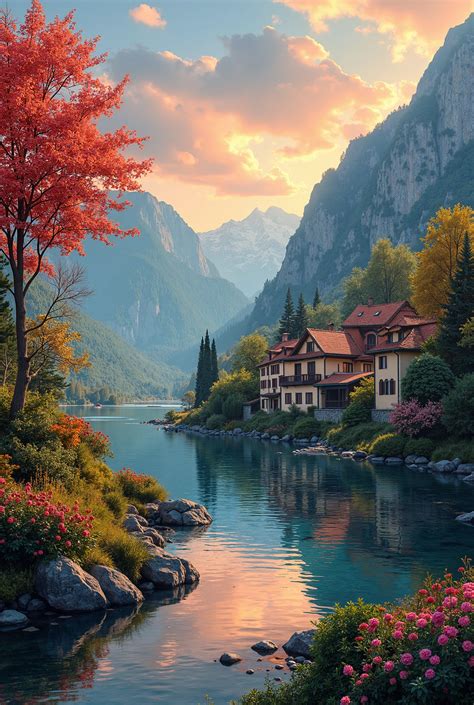 Painting of a house on a mountain side with a lake in the foreground ...