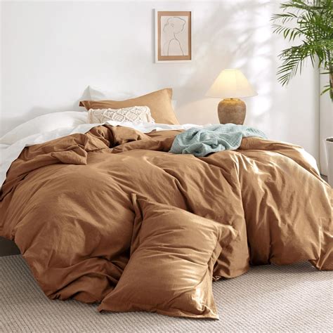 Bedsure 100% Washed Cotton Duvet Cover Queen - Brown Minimalist Cotton ...