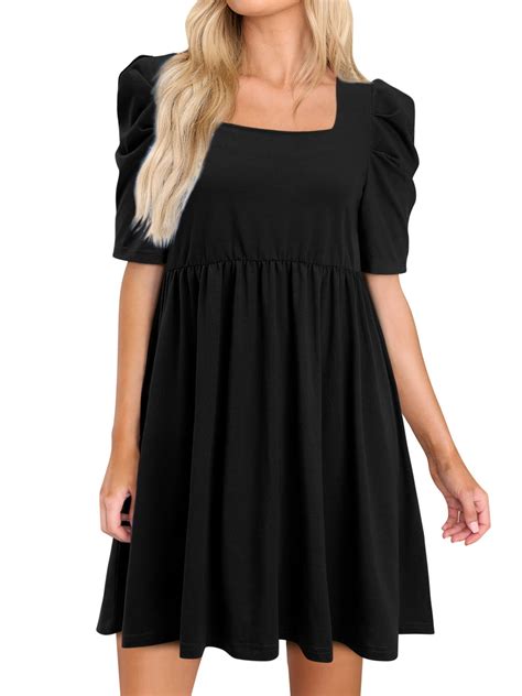 HUBERY Women Square Neck Puff Short Sleeve Pleated Pocket Solid Color ...