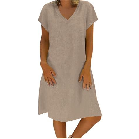 YanHoo Linen Dresses for Women Summer Plus Size Short Sleeve V Neck ...