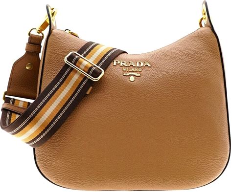 Prada Women's Tan Leather Medium Web Stripe Strap Crossbody Bag 1BC166 ...