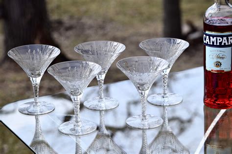 Vintage Etched CRYSTAL Martini Glasses, Set of 5, Antique Crystal ...