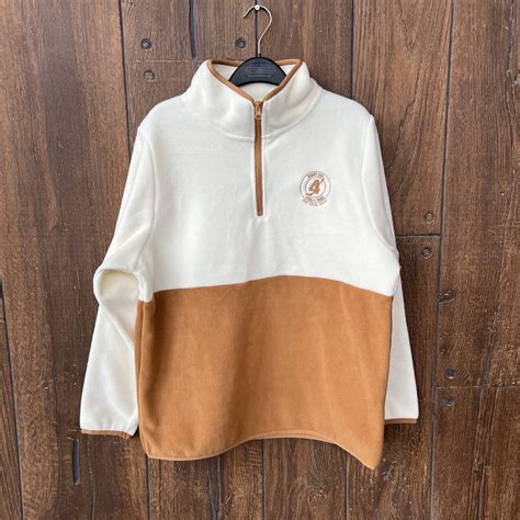 Two Tone Natural & Camel Quarter Zip Fleece Sweater with Embroidered Logo