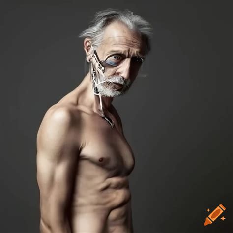 Photorealistic depiction of a skinny older male cyborg masseur on Craiyon