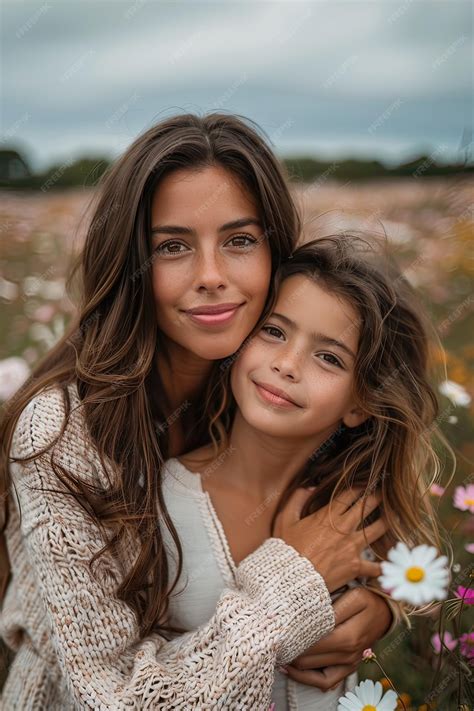 Premium Photo | Latin mother and daughter hug in a floral field looking ...