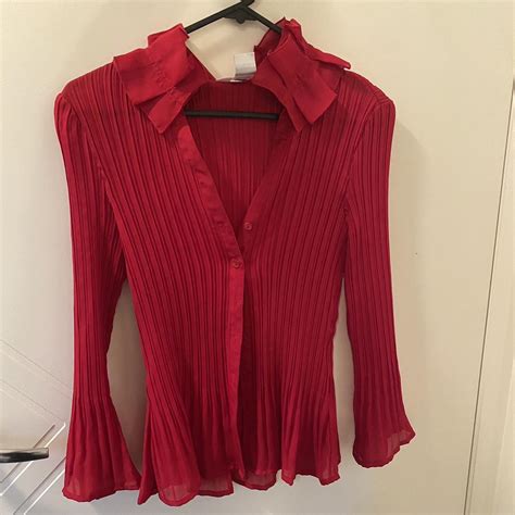 vintage red pleated button up blouse with gorgeous... - Depop