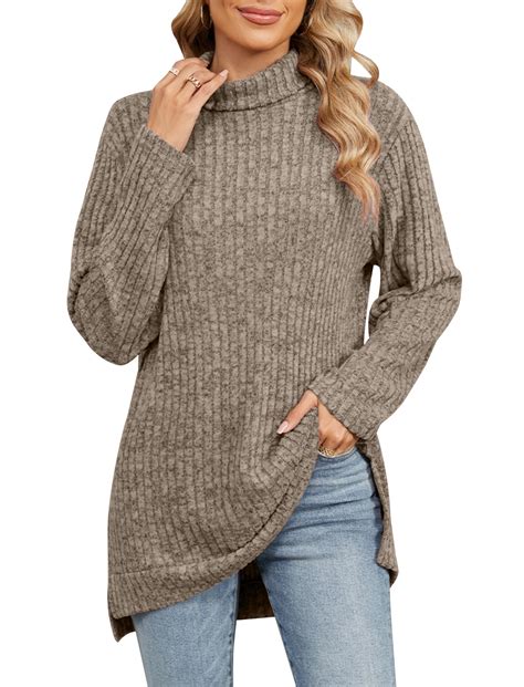 OBEEII Womens Oversized Turtleneck Sweater Fall Winter Ribbed Knitted ...