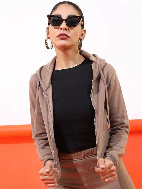 Buy Tokyo Talkies Women Brown Solid Hooded Sweatshirt - Sweatshirts for ...