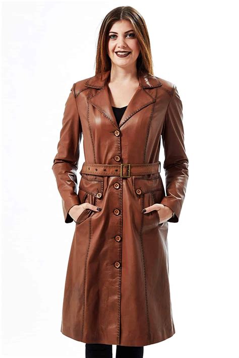 Anaya Women's 100 % Real Brown Leather Waxed Trench Coat