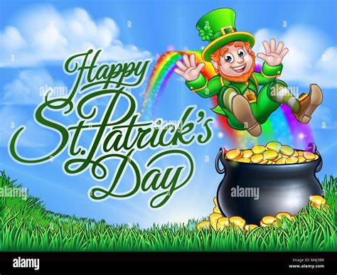 St Patricks Day Leprechaun Pot of Gold End Rainbow Stock Vector Image ...