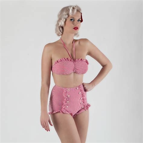Candy Stripe Red Pin Up Retro High Waist Two Piece Ruffle Bathing Suit ...