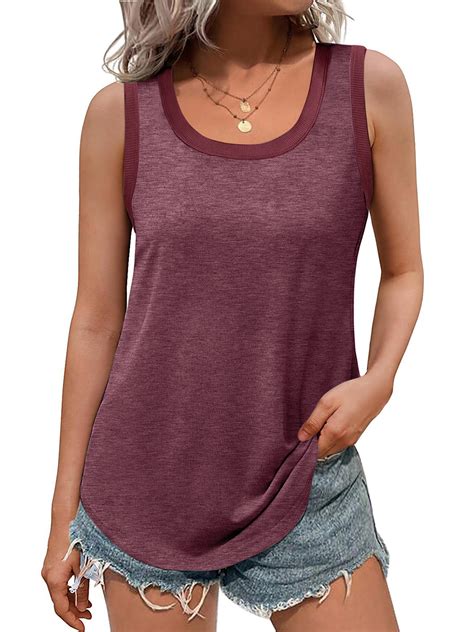 MOSHU Ribbed Trim Tank Tops, Women Sleeveless Shirts, Flowy Round Neck ...
