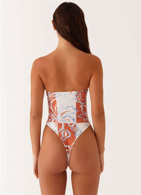 Maxine Strapless One Piece Swimsuit - Orange Blue Floral – Peppermayo